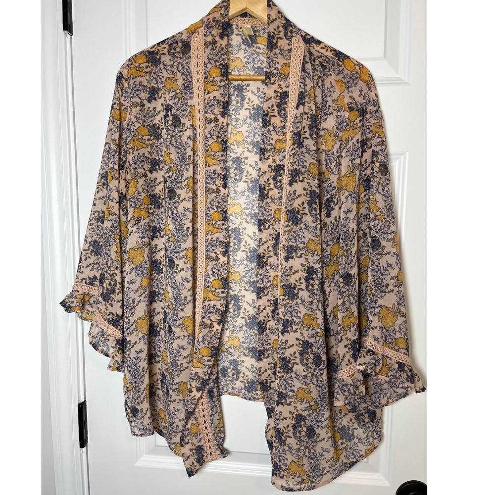 Xhilaration Floral Kimono Wrap Pink Mustard Blue Crochet Lace Trim M/L